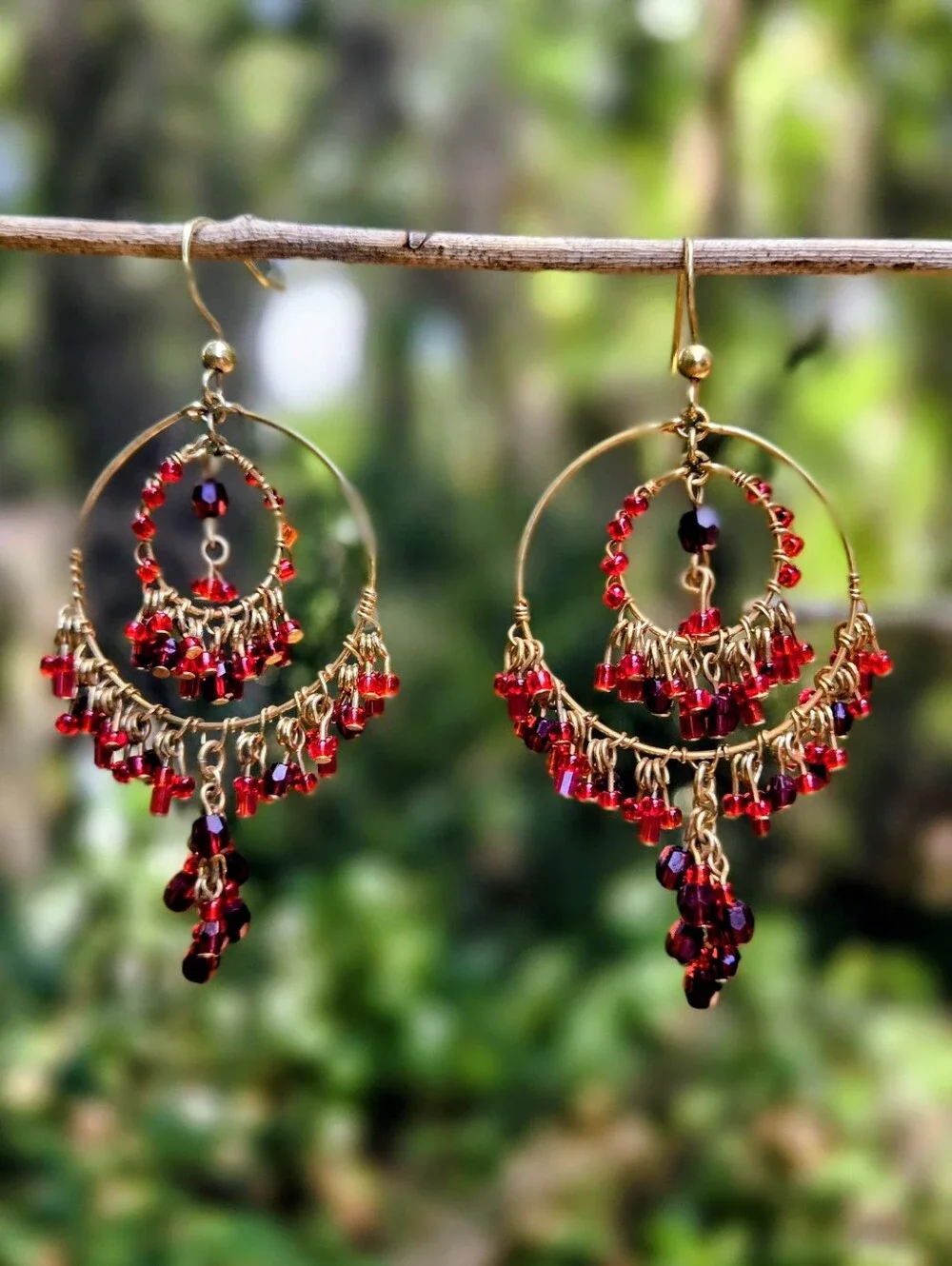 Vintage Gold Tone Hoop Chandelier Earrings with Red Beads